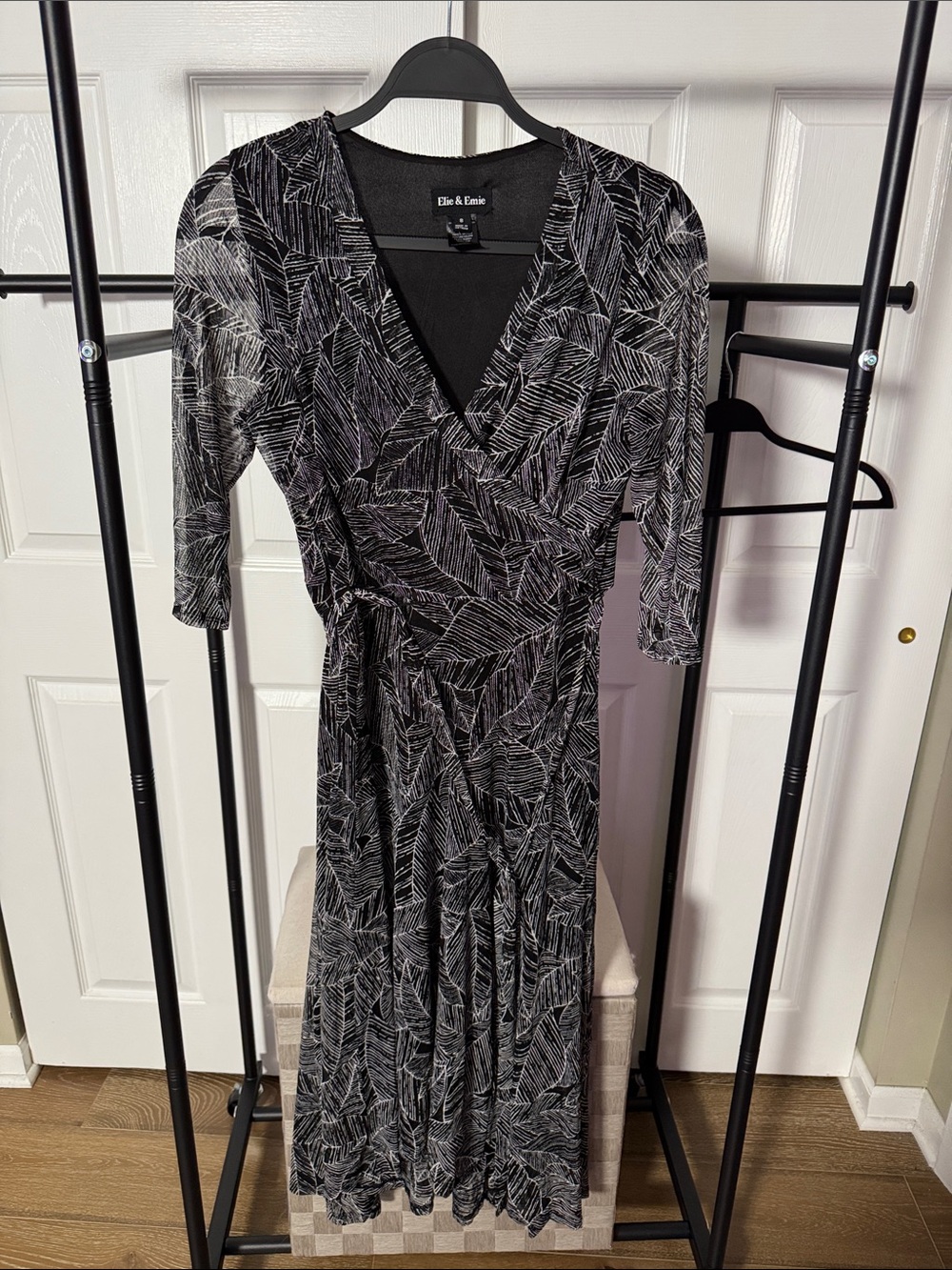 Black Leaf-Print Wrap Dress